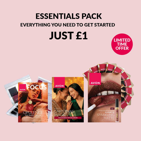 Avon Essentials Pack with brochures, Gift Guides and Focus magazine, showing a dated £1 promotion